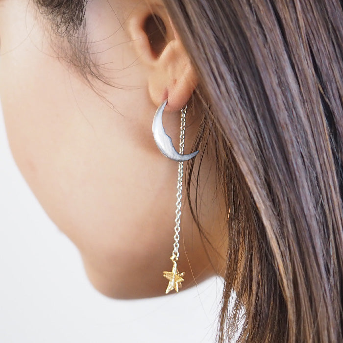 sasakihitomi Moon and Star Earrings S Size Silver Moon &amp; Brass Star One Ear Women's [No-039-S] 