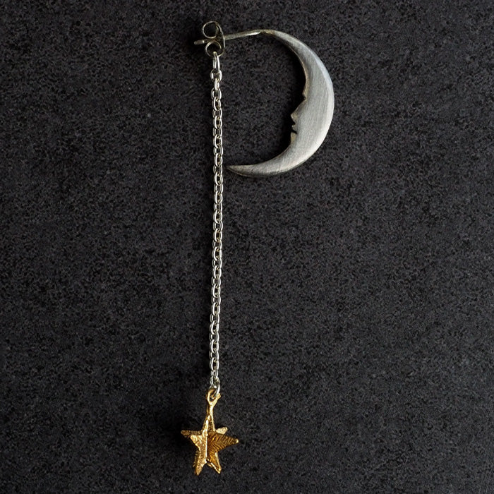 sasakihitomi 月亮和星星耳環 S 碼銀色月亮和黃銅星星單耳女式 [No-039-S] 