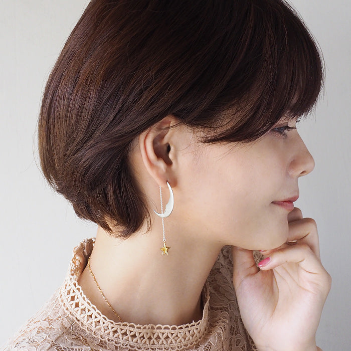 sasakihitomi（ササキヒトミ） 月と星のピアス 片耳 シルバーの月＆真鍮の星 レディース [No-039SV]