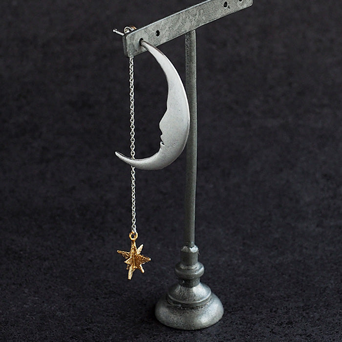 sasakihitomi 月亮和星星耳環單耳銀月亮和黃銅星星女士 [No-039SV] 