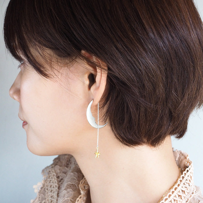 sasakihitomi（ササキヒトミ） 月と星のピアス 片耳 シルバーの月＆真鍮の星 レディース [No-039SV]
