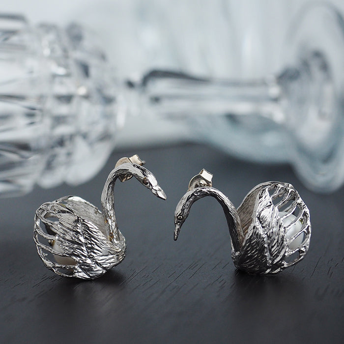 sasakihitomi Swan Earrings Silver &amp; White Pearl Binaural Set Women's [No-070] 