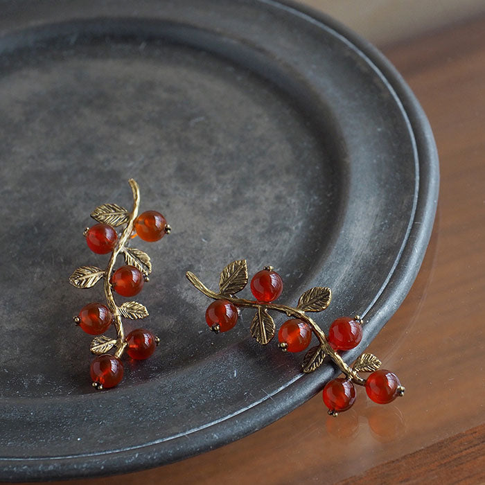 sasakihitomi 堅果耳環黃銅和紅玉髓雙耳套裝女款 [No-072] 