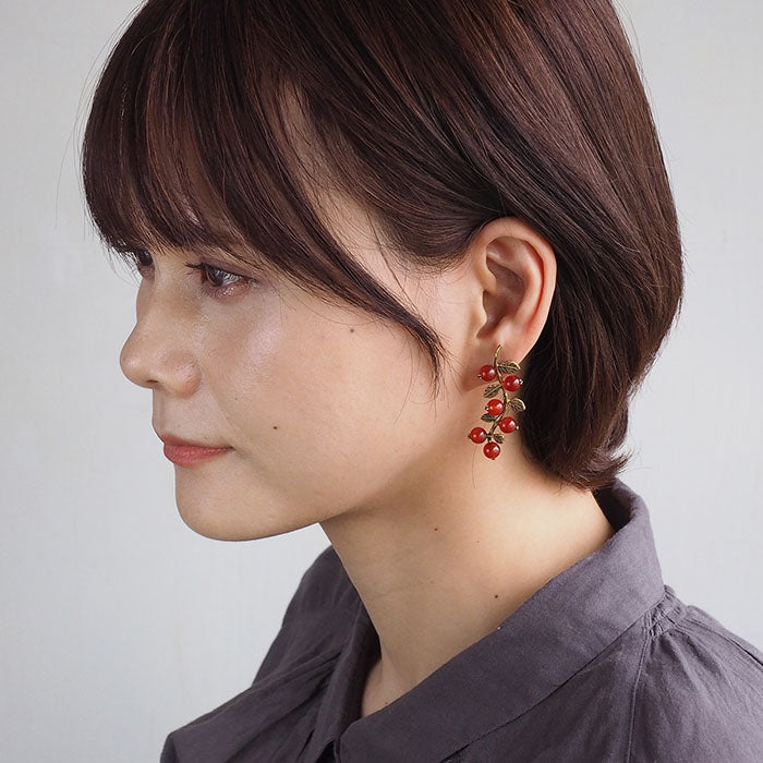 sasakihitomi Nut Earrings Brass &amp; Carnelian Binaural Set Women's [No-072] 