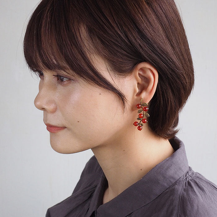 sasakihitomi 堅果耳環黃銅和紅玉髓雙耳套裝女款 [No-072] 