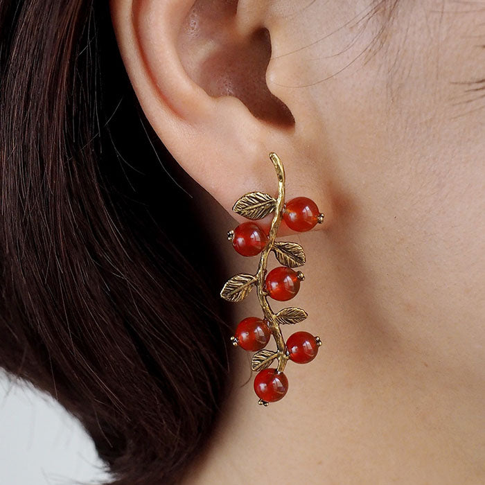sasakihitomi Nut Earrings Brass &amp; Carnelian Binaural Set Women's [No-072] 