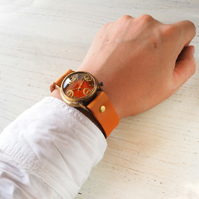 Watanabe Koubou 手工手錶“On Time-B”透明橙色錶盤男士黃銅 [NW-214B-OR] 