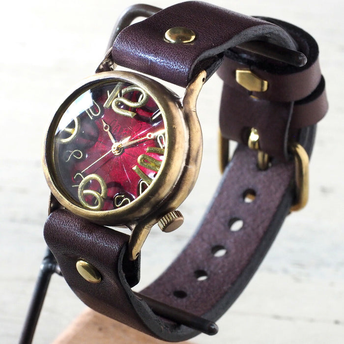 Watanabe Koubou 手工手錶“On Time-B”透明紅色錶盤男士黃銅 [NW-214B-RD] 
