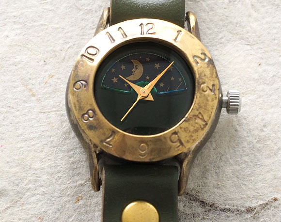 Watanabe Koubou 手工手錶 “StrapLady-B-SUN &amp; MOON” 女士腕錶 黃銅 顏色 錶盤 綠色 [NW-289SM-GR] 