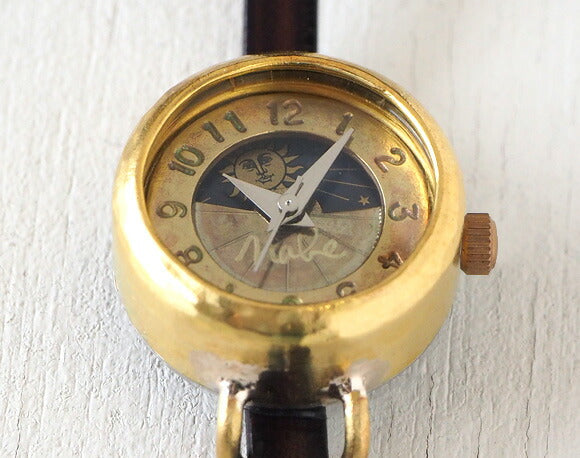 渡辺工房 手作り腕時計  “Lady's Brass” レディースブラス SUN＆MOON 5mm幅 ブラウン レザーベルト [NW-365SM]