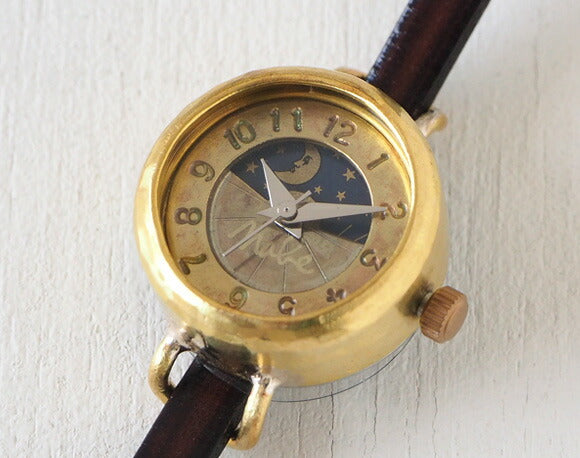 渡辺工房 手作り腕時計  “Lady's Brass” レディースブラス SUN＆MOON 5mm幅 ブラウン レザーベルト [NW-365SM]
