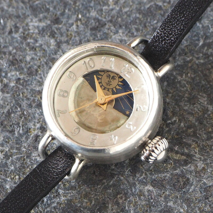 渡辺工房 手作り腕時計  “Lady's Silver” レディースシルバー SUN＆MOON 5mm幅 レザーストラップ [NW-365SV-SM]
