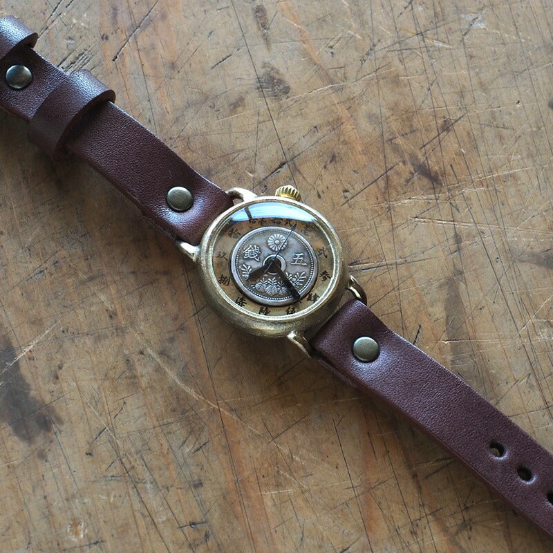 Watanabe Koubou Handmade Watch Slanted Dial “Wanokoku 4” 5-sen Coin Round Case Men's Brass 33mm [NW-377] 