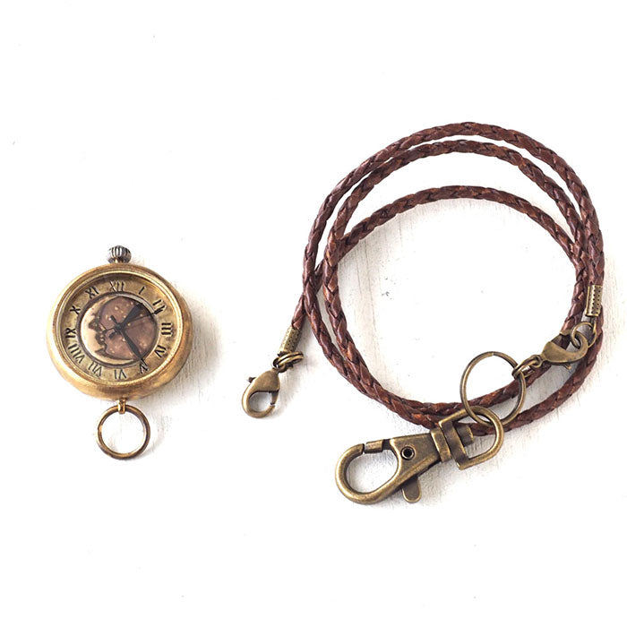 渡辺工房 手作り懐中時計 “Crescent Moon-MB” メンズブラス 甲丸ケース 革紐チェーン [NW-379CM]