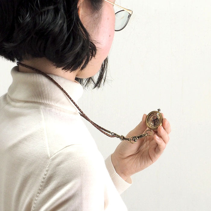Watanabe Kobo Handmade Pocket Watch “Crescent Moon-MB” Men's Brass Round Case Leather Strap Chain [NW-379CM] 