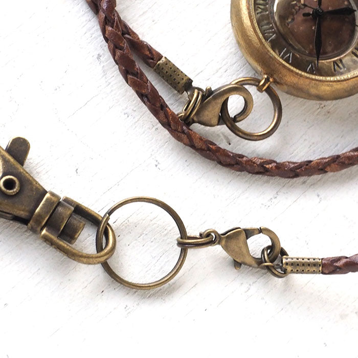 渡辺工房 手作り懐中時計 “Crescent Moon-MB” メンズブラス 甲丸ケース 革紐チェーン [NW-379CM]