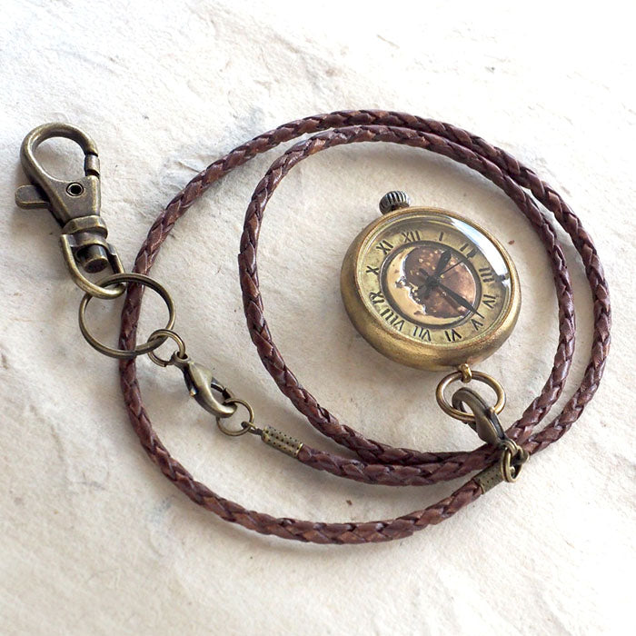 Watanabe Kobo Handmade Pocket Watch “Crescent Moon-MB” Men's Brass Round Case Leather Strap Chain [NW-379CM] 