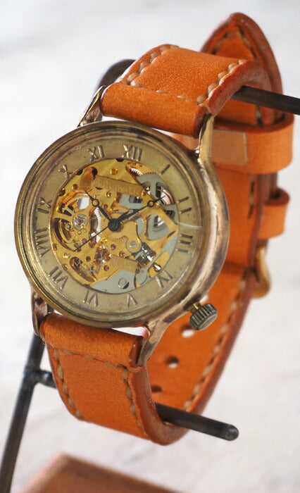 Watanabe Kobo 手工手錶自動上鍊後蓋鏤空羅馬數字雕刻男士黃銅手工縫製皮帶 [NW-BAM021] 