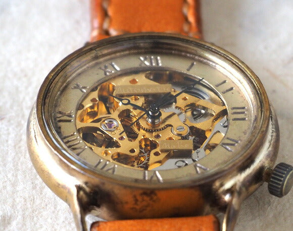 Watanabe Kobo Handmade Watch Automatic Winding Back Skeleton Roman Numeral Engraved Men's Brass Hand-sewn Belt [NW-BAM021] 