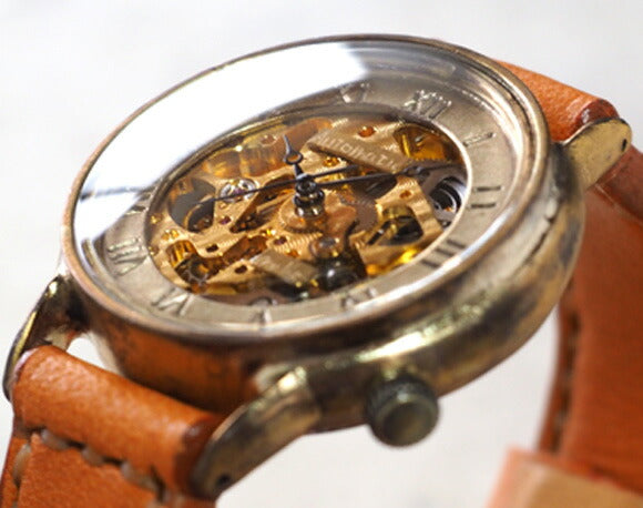 渡辺工房 手作り腕時計自動巻き 裏スケルトン ローマ数字刻印 メンズブラス 手縫いベルト [NW-BAM021]