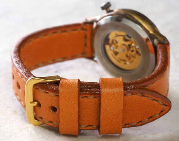 Watanabe Kobo Handmade Watch Automatic Winding Back Skeleton Roman Numeral Engraved Men's Brass Hand-sewn Belt [NW-BAM021] 