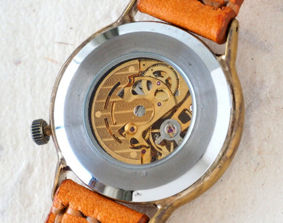 Watanabe Kobo Handmade Watch Automatic Winding Back Skeleton Roman Numeral Engraved Men's Brass Hand-sewn Belt [NW-BAM021] 