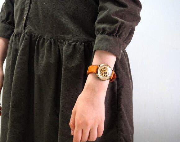 Watanabe Kobo Handmade Watch Automatic Winding Back Skeleton Roman Numeral Engraved Men's Brass Hand-sewn Belt [NW-BAM021] 