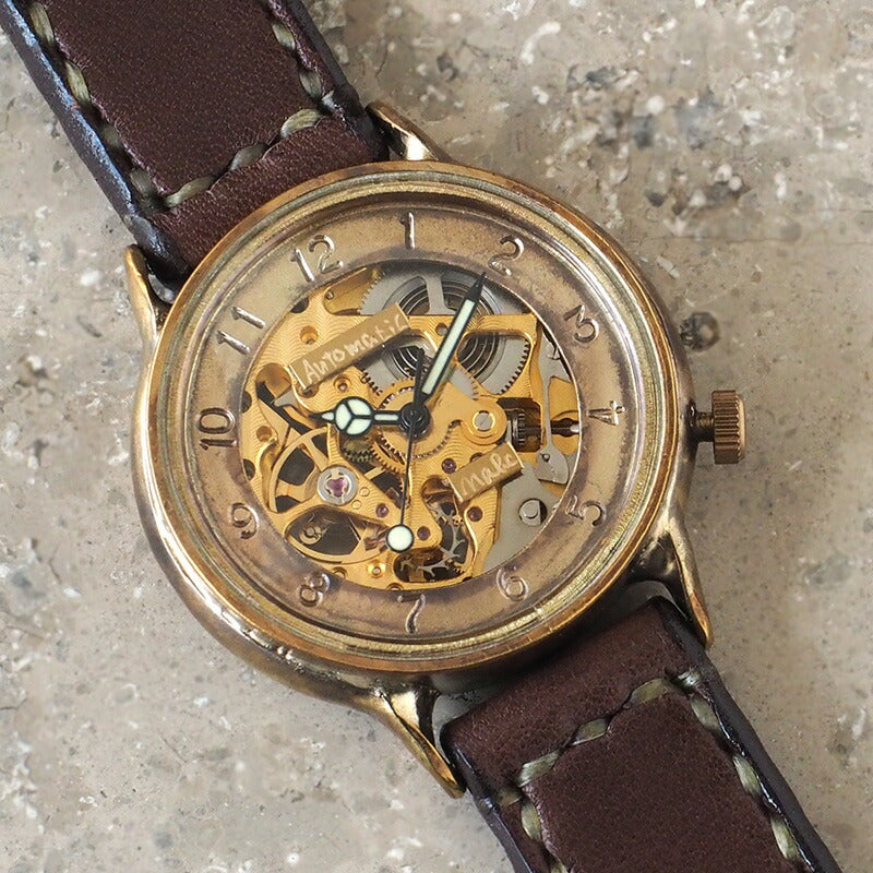 Watanabe Kobo Handmade Watch Automatic Winding Back Skeleton Arabic Numerals Engraved Men's Brass Hand-sewn Belt [NW-BAM021-AR] 