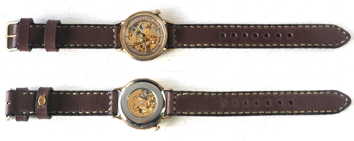 Watanabe Kobo 手工手錶自動上鍊後蓋鏤空阿拉伯數字雕刻男士黃銅手工縫製皮帶 [NW-BAM021-AR] 