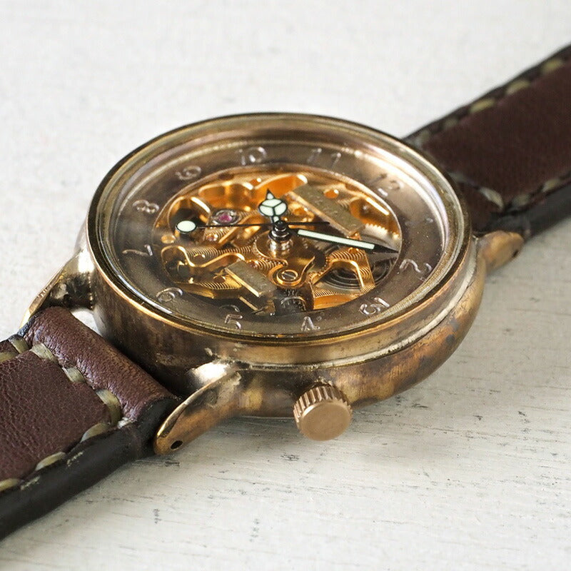 Watanabe Kobo Handmade Watch Automatic Winding Back Skeleton Arabic Numerals Engraved Men's Brass Hand-sewn Belt [NW-BAM021-AR] 