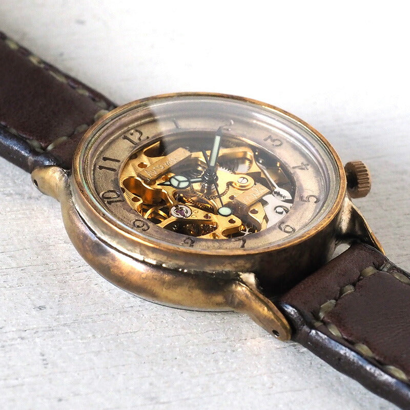 Watanabe Kobo Handmade Watch Automatic Winding Back Skeleton Arabic Numerals Engraved Men's Brass Hand-sewn Belt [NW-BAM021-AR] 