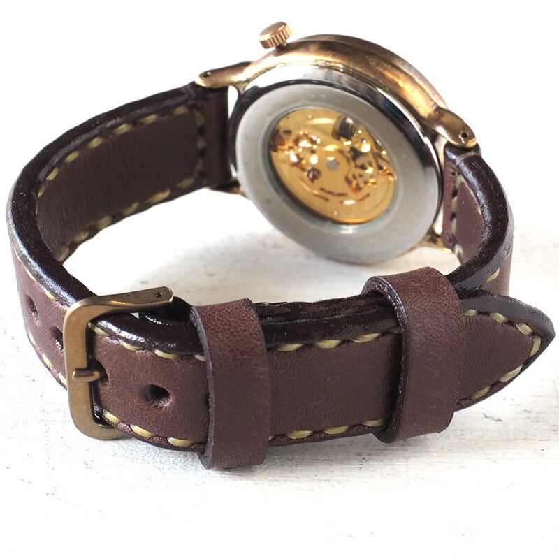 Watanabe Kobo Handmade Watch Automatic Winding Back Skeleton Arabic Numerals Engraved Men's Brass Hand-sewn Belt [NW-BAM021-AR] 