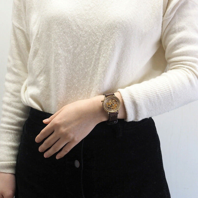 Watanabe Kobo Handmade Watch Automatic Winding Back Skeleton Arabic Numerals Engraved Men's Brass Hand-sewn Belt [NW-BAM021-AR] 