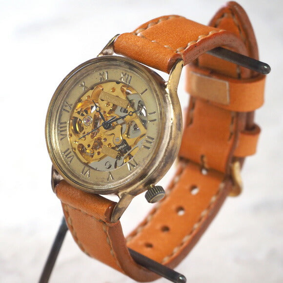 Watanabe Kobo 手工手錶自動上鍊後蓋鏤空羅馬數字雕刻男士黃銅手工縫製皮帶 [NW-BAM021] 