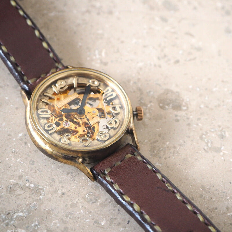 渡辺工房 手作り腕時計 自動巻き 裏スケルトン ジャンボブラス 手縫いベルト [NW-BAM025-T]
