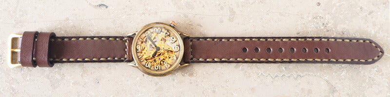 渡辺工房 手作り腕時計 自動巻き 裏スケルトン ジャンボブラス 手縫いベルト [NW-BAM025-T]