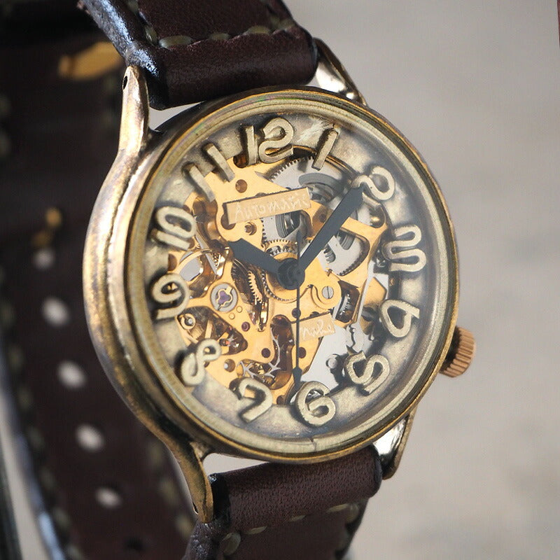 渡辺工房 手作り腕時計 自動巻き 裏スケルトン ジャンボブラス 手縫いベルト [NW-BAM025-T]