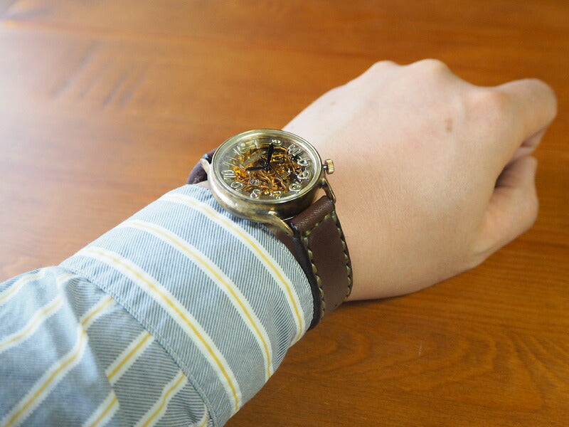 渡辺工房 手作り腕時計 自動巻き 裏スケルトン ジャンボブラス 手縫いベルト [NW-BAM025-T]