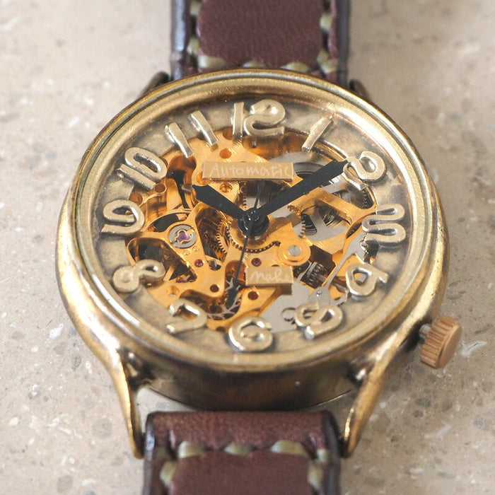 Watanabe Kobo 手工手錶自動上鍊後蓋鏤空巨型黃銅手工縫製皮帶 [NW-BAM025-T] 