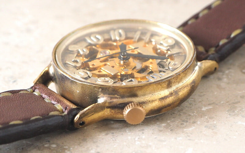 Watanabe Kobo 手工手錶自動上鍊後蓋鏤空巨型黃銅手工縫製皮帶 [NW-BAM025-T] 