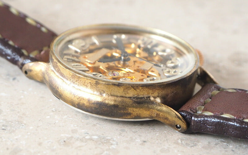 渡辺工房 手作り腕時計 自動巻き 裏スケルトン ジャンボブラス 手縫いベルト [NW-BAM025-T]