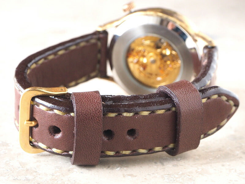 渡辺工房 手作り腕時計 自動巻き 裏スケルトン ジャンボブラス 手縫いベルト [NW-BAM025-T]