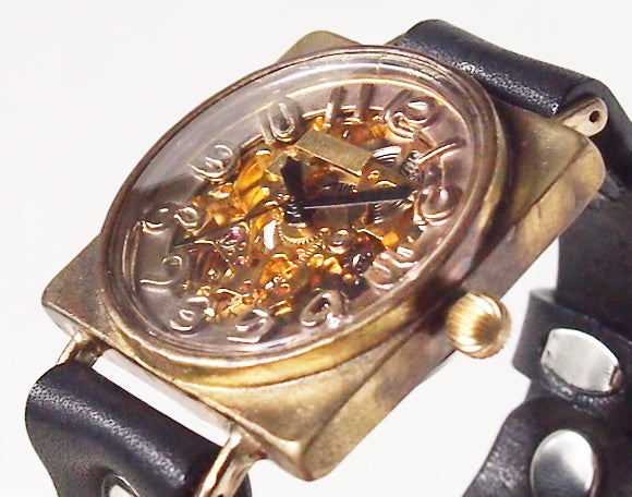 渡辺工房 手作り腕時計 自動巻 裏スケルトン スクエア 立体数字インデックス ジャンボブラス [NW-BAM027]