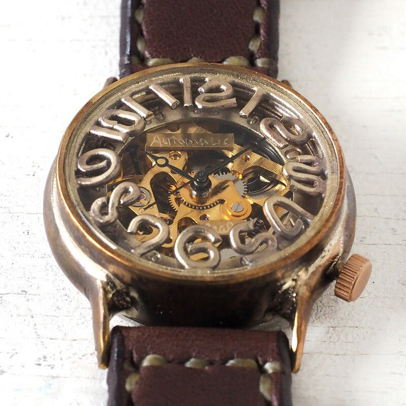 Watanabe Kobo handmade watch automatic winding back skeleton men's brass 32mm hand-stitched belt [NW-BAM032] 