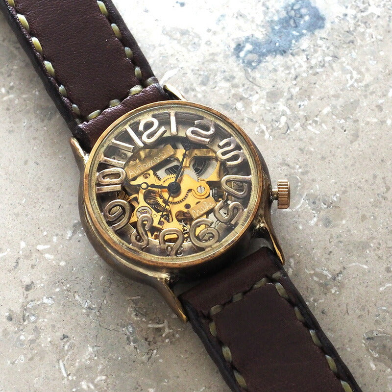 Watanabe Kobo handmade watch automatic winding back skeleton men's brass 32mm hand-stitched belt [NW-BAM032] 