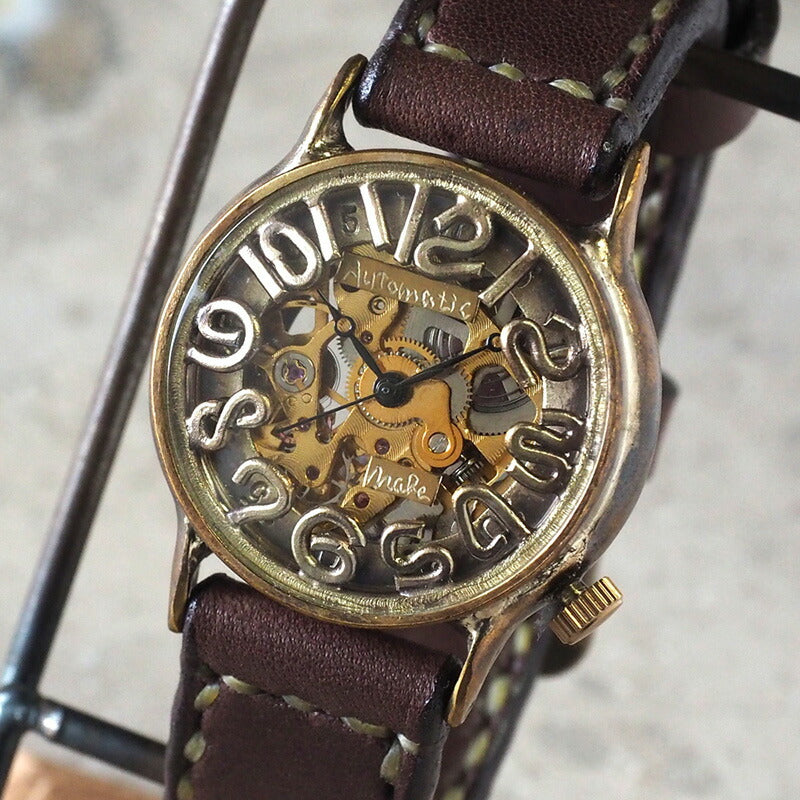 Watanabe Kobo handmade watch automatic winding back skeleton men's brass 32mm hand-stitched belt [NW-BAM032] 