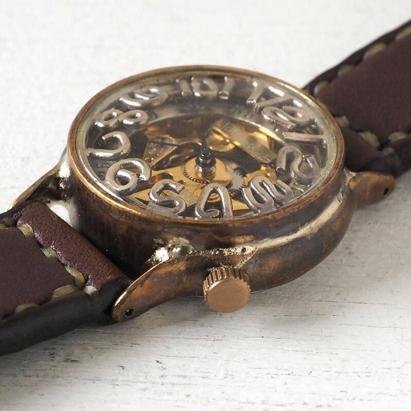 Watanabe Kobo handmade watch automatic winding back skeleton men's brass 32mm hand-stitched belt [NW-BAM032] 