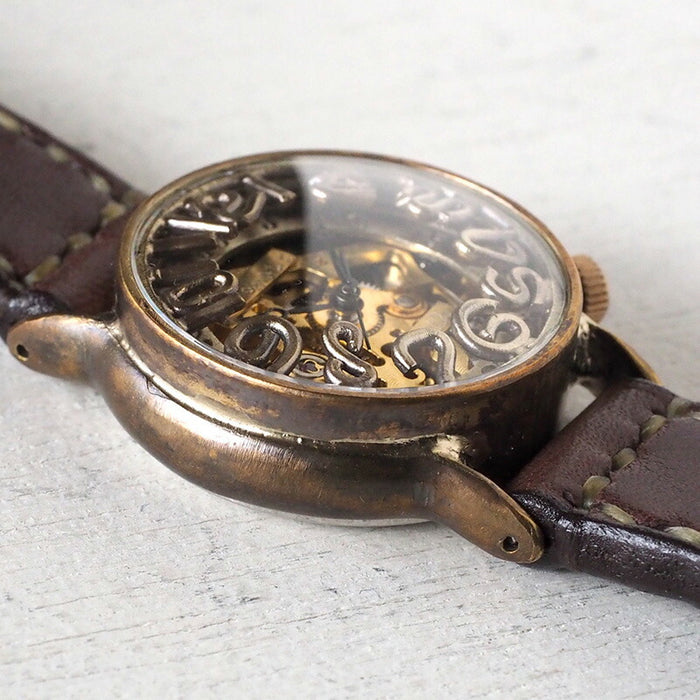 Watanabe Kobo handmade watch automatic winding back skeleton men's brass 32mm hand-stitched belt [NW-BAM032] 