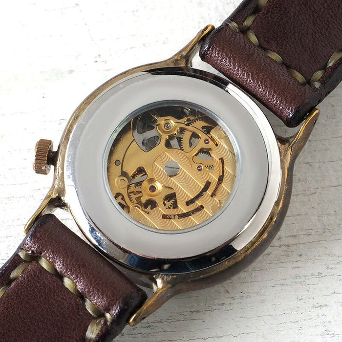 Watanabe Kobo 手工手錶自動上鍊後蓋鏤空男士黃銅 32mm 手工縫製皮帶 [NW-BAM032] 