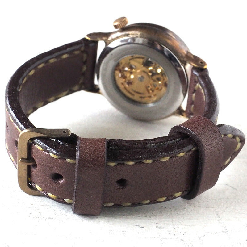 Watanabe Kobo handmade watch automatic winding back skeleton men's brass 32mm hand-stitched belt [NW-BAM032] 